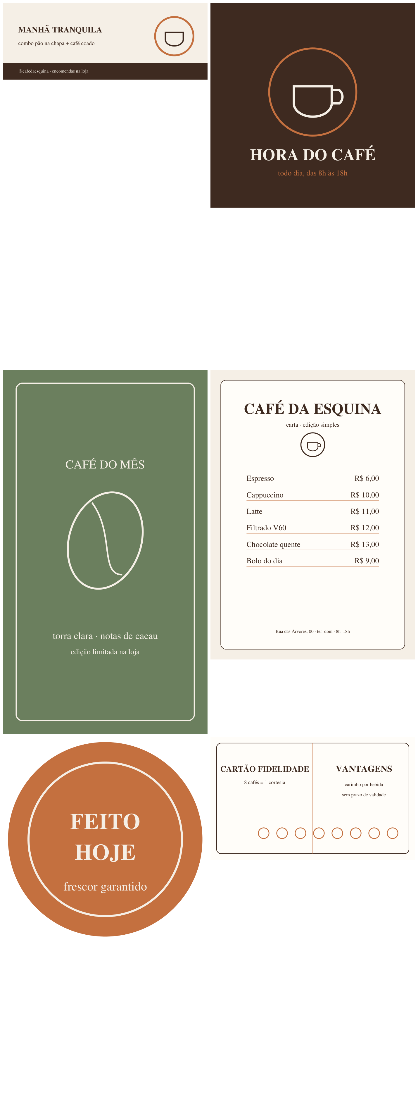 Folha de prévia com as seis artes do kit de cafeteria